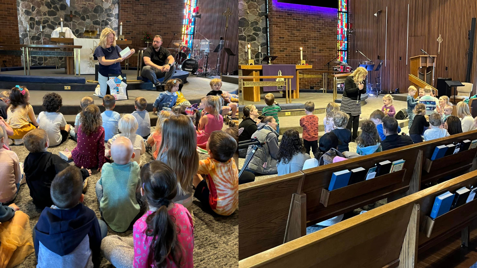 Children, facing away from the camera, learning about Jesus's love in the chapel.