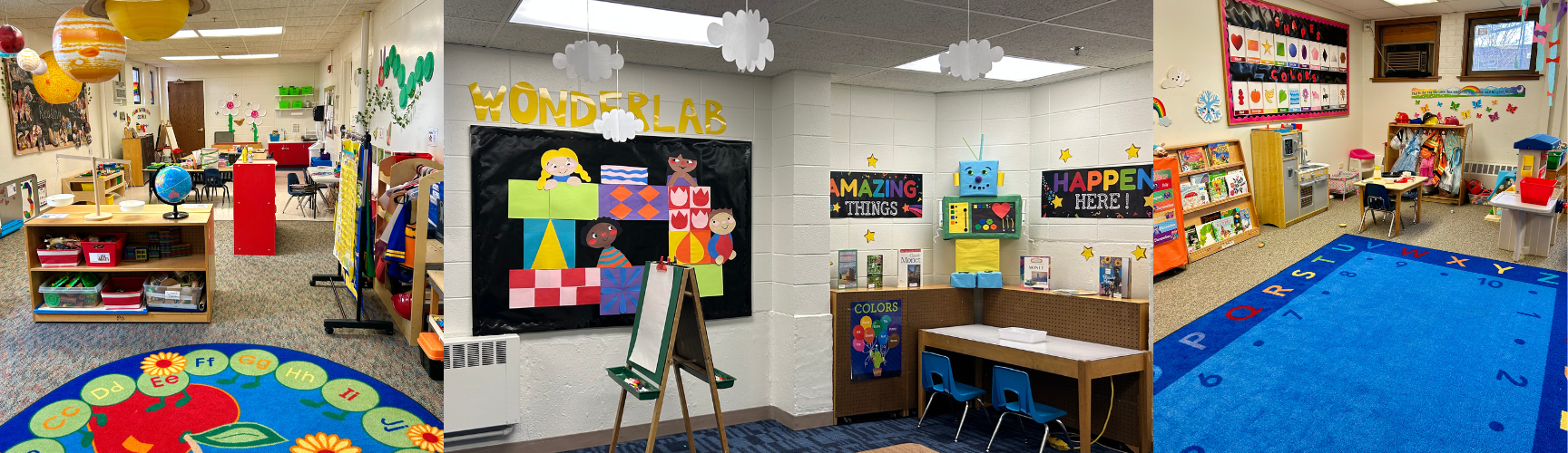 Collage of three images, including two classrooms and our Wonder-Lab.